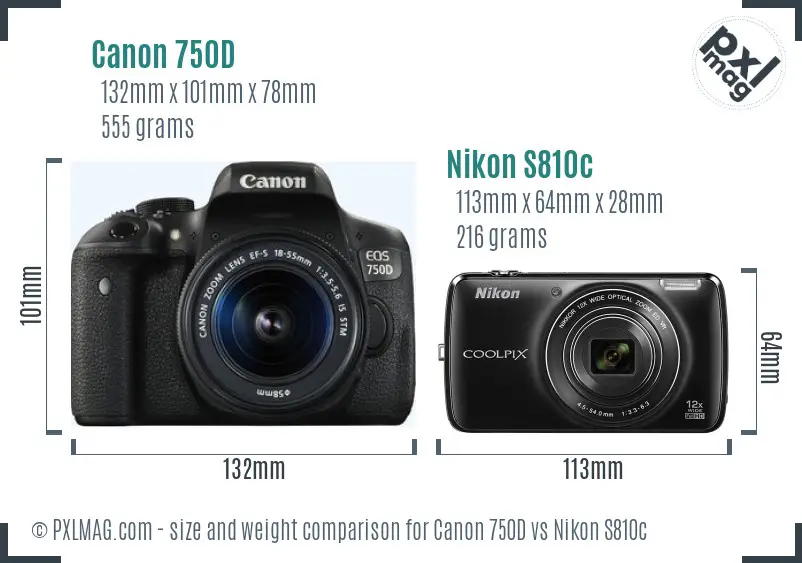 Canon 750D vs Nikon S810c size comparison