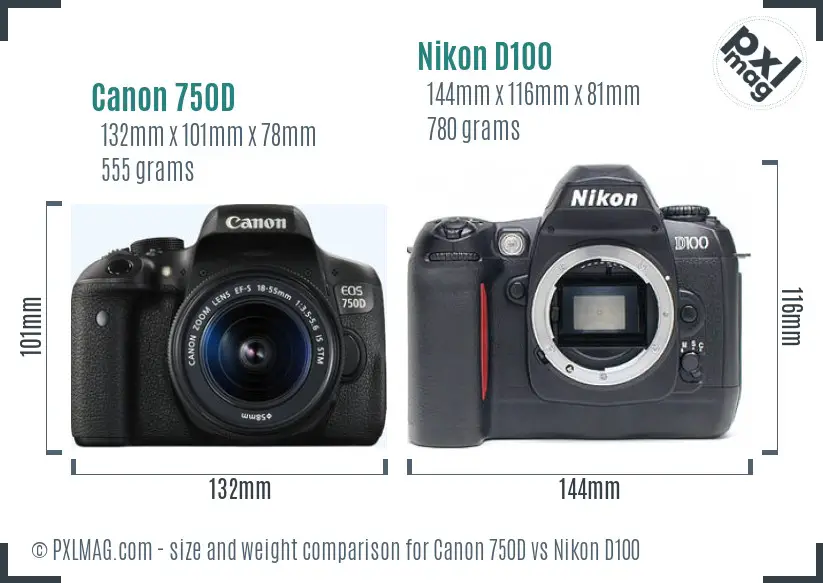 Canon 750D vs Nikon D100 size comparison Canon 750D vs Nikon D100 size comparison
