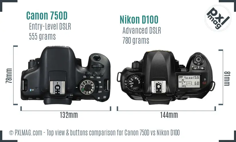 Canon 750D vs Nikon D100 top view buttons comparison Canon 750D vs Nikon D100 top view buttons comparison