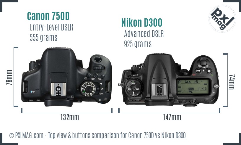 Canon 750D vs Nikon D300 top view buttons comparison