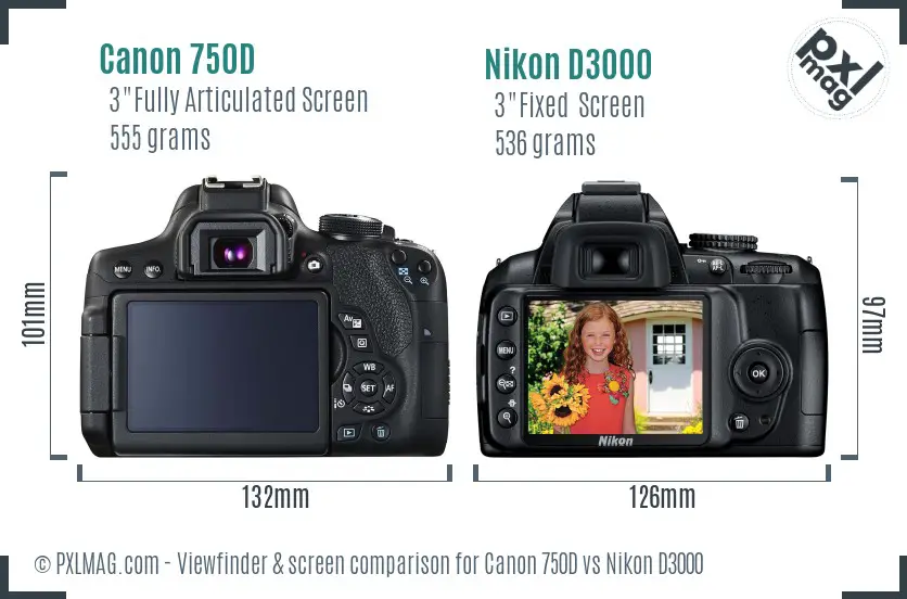 Canon 750D vs Nikon D3000 Screen and Viewfinder comparison