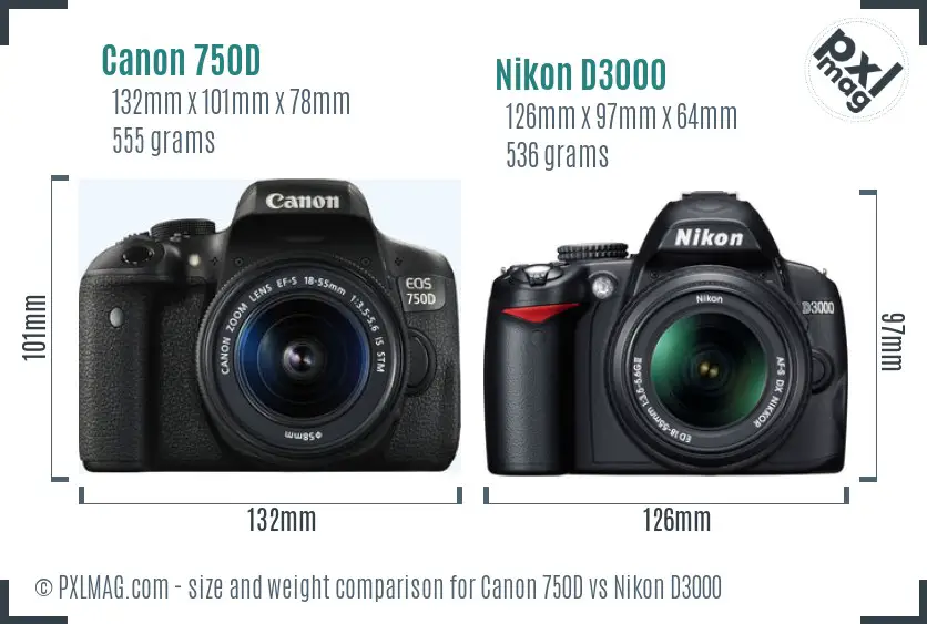 Canon 750D vs Nikon D3000 size comparison