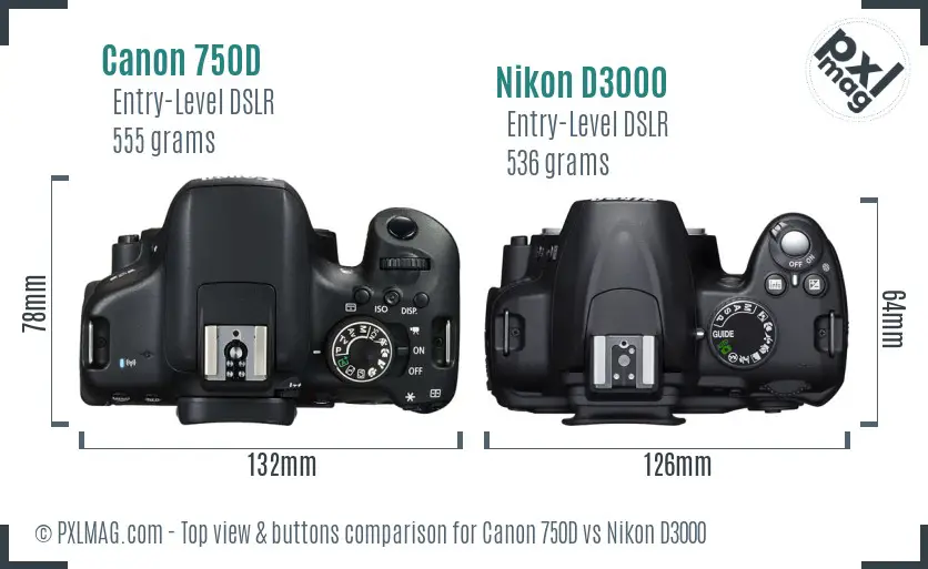Canon 750D vs Nikon D3000 top view buttons comparison