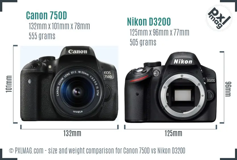 Canon 750D vs Nikon D3200 size comparison