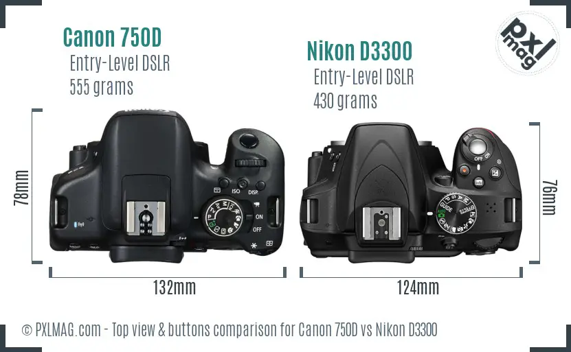 Canon 750D vs Nikon D3300 top view buttons comparison