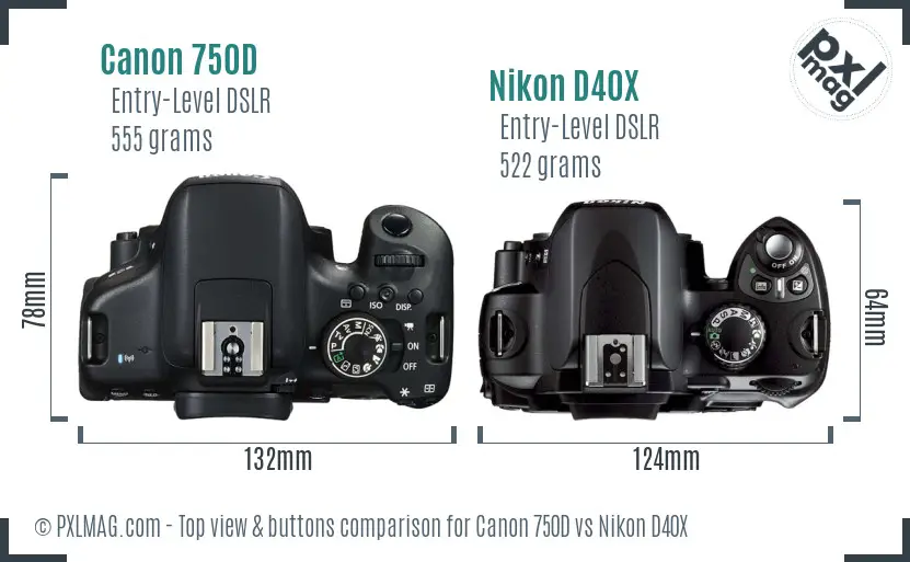 Canon 750D vs Nikon D40X top view buttons comparison