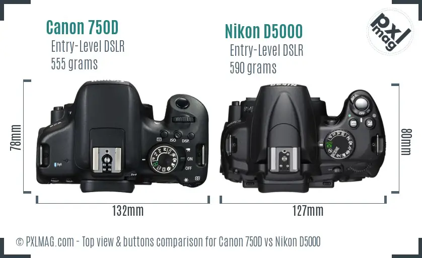 Canon 750D vs Nikon D5000 top view buttons comparison