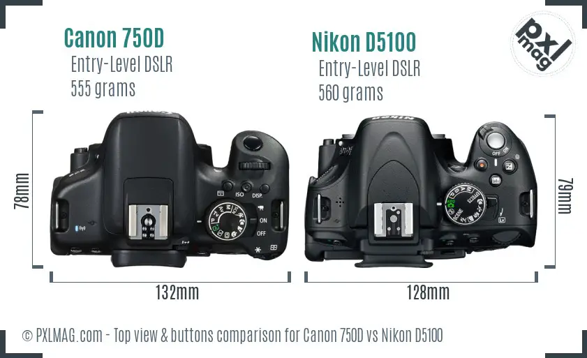 Canon 750D vs Nikon D5100 top view buttons comparison