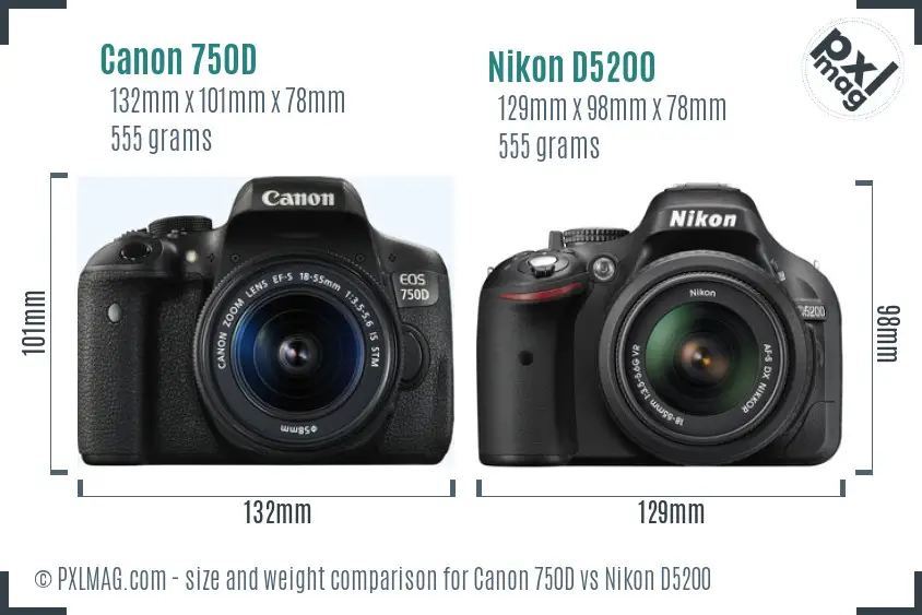 Canon 750D vs Nikon D5200 size comparison