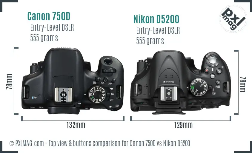 Canon 750D vs Nikon D5200 top view buttons comparison
