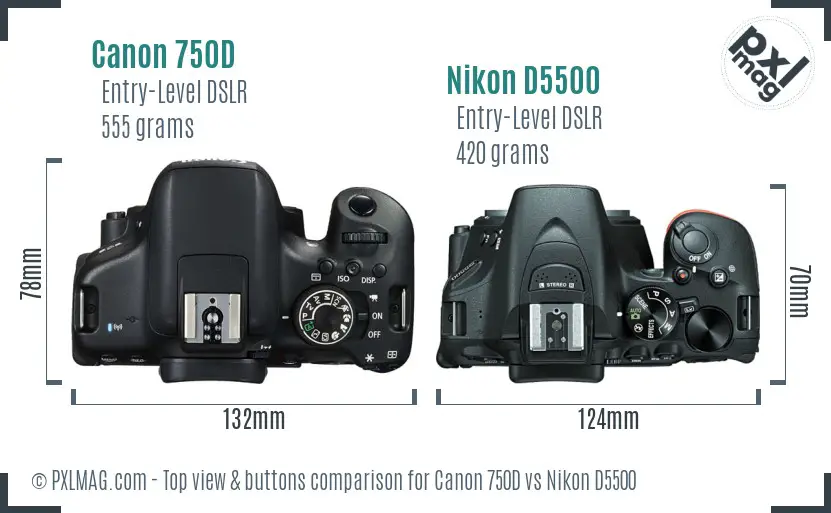 Canon 750D vs Nikon D5500 top view buttons comparison