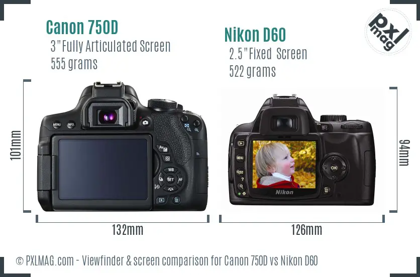 Canon 750D vs Nikon D60 Screen and Viewfinder comparison