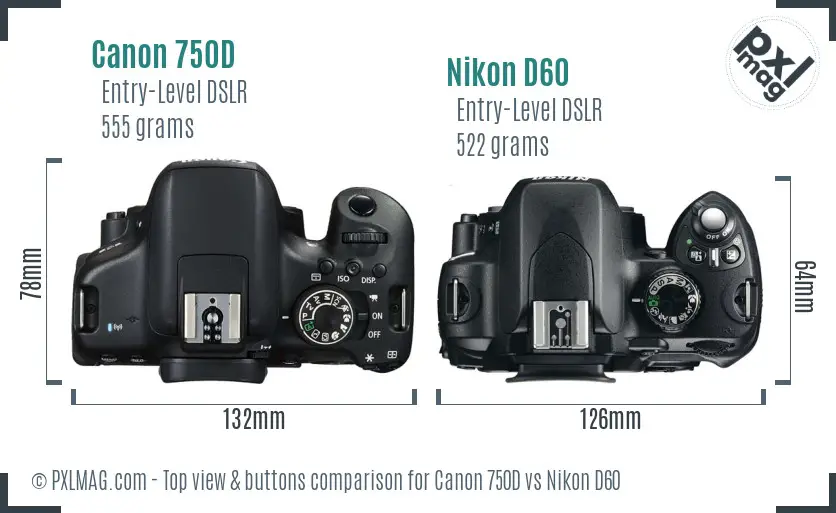 Canon 750D vs Nikon D60 top view buttons comparison