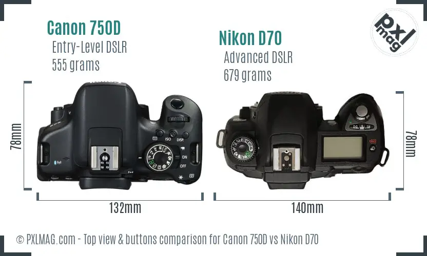 Canon 750D vs Nikon D70 top view buttons comparison Canon 750D vs Nikon D70 top view buttons comparison