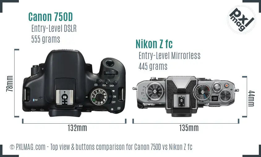 Canon 750D vs Nikon Z fc top view buttons comparison Canon 750D vs Nikon Z fc top view buttons comparison