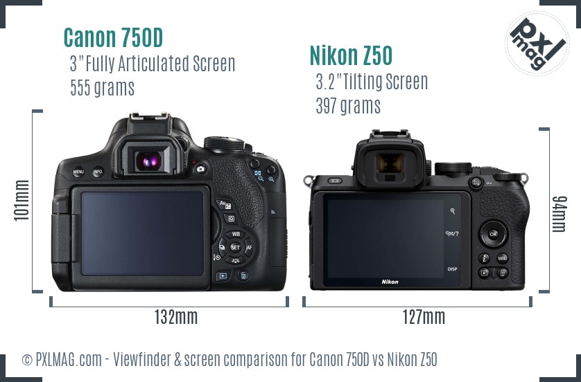 Canon 750D vs Nikon Z50 Screen and Viewfinder comparison