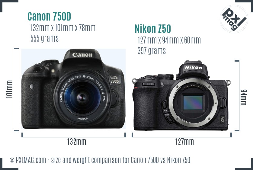 Canon 750D vs Nikon Z50 size comparison Canon 750D vs Nikon Z50 size comparison