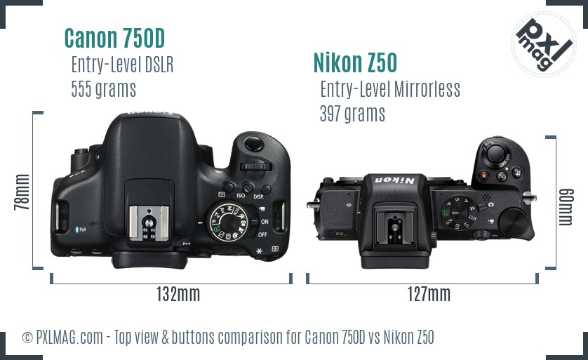 Canon 750D vs Nikon Z50 top view buttons comparison