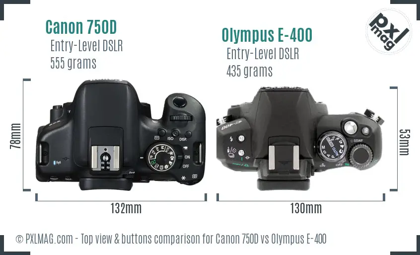 Canon 750D vs Olympus E-400 top view buttons comparison