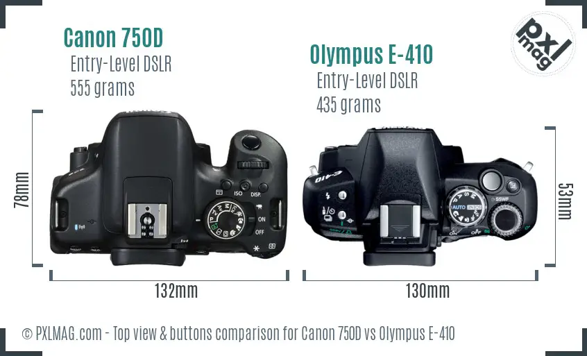 Canon 750D vs Olympus E-410 top view buttons comparison