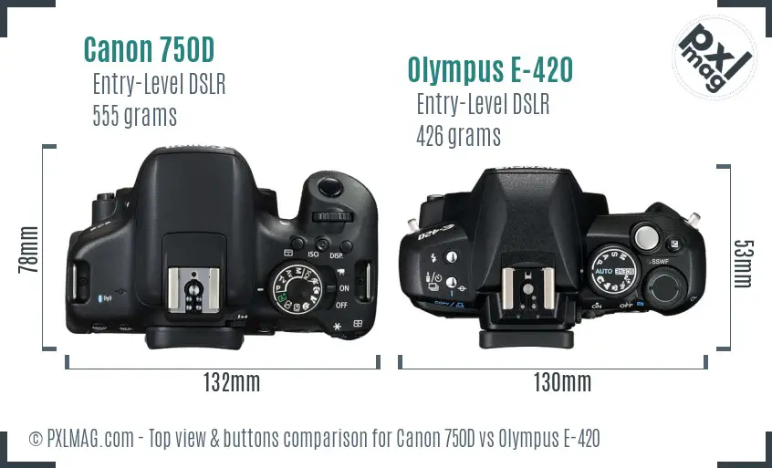 Canon 750D vs Olympus E-420 top view buttons comparison
