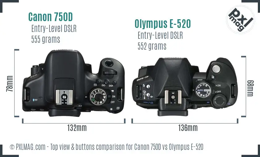 Canon 750D vs Olympus E-520 top view buttons comparison