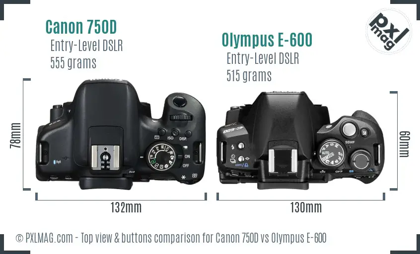 Canon 750D vs Olympus E-600 top view buttons comparison