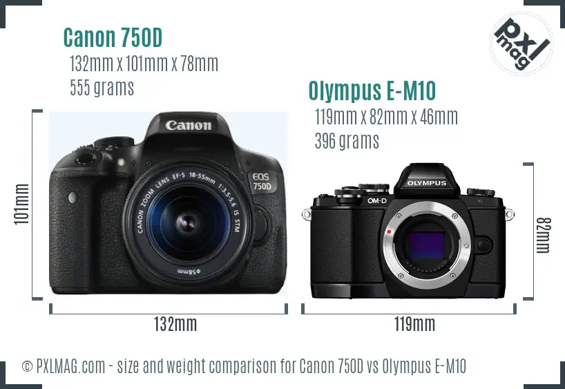 Canon 750D vs Olympus E-M10 size comparison