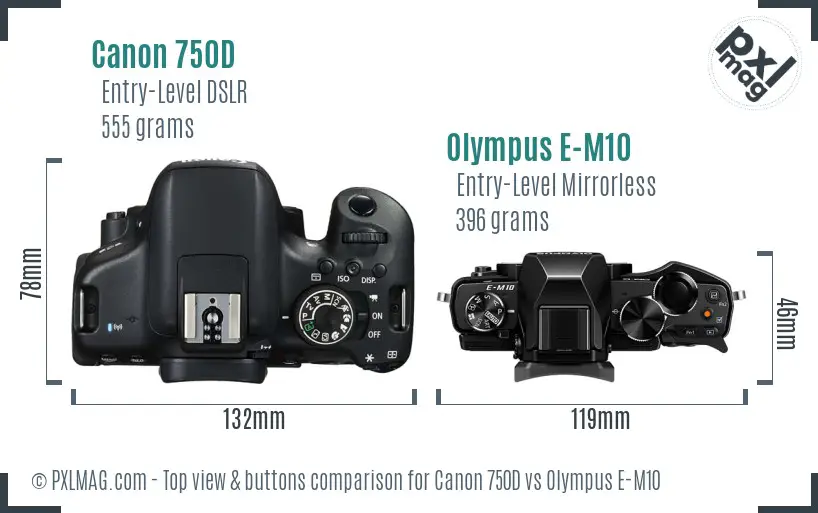 Canon 750D vs Olympus E-M10 top view buttons comparison