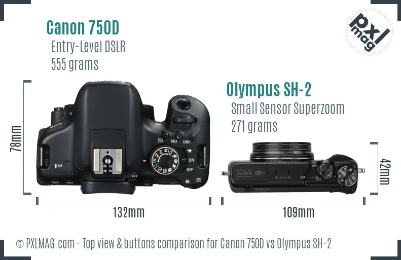 Canon 750D vs Olympus SH-2 top view buttons comparison