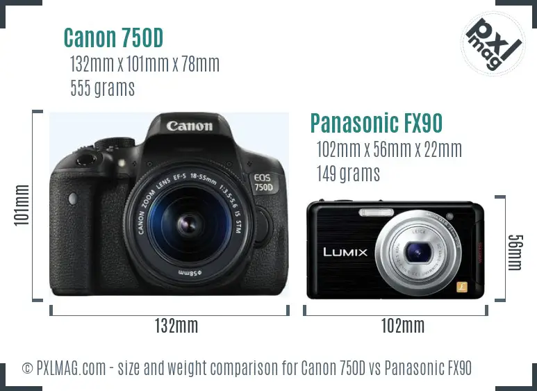 Canon 750D vs Panasonic FX90 size comparison