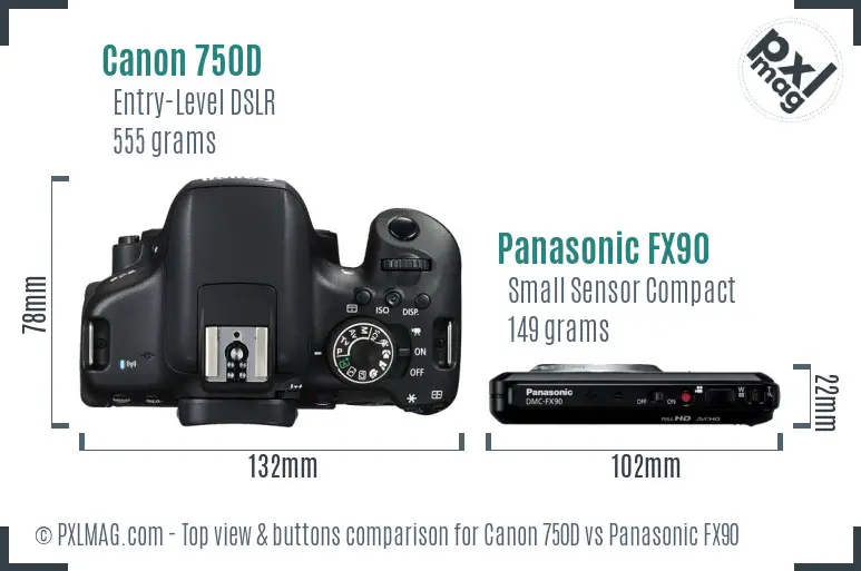 Canon 750D vs Panasonic FX90 top view buttons comparison