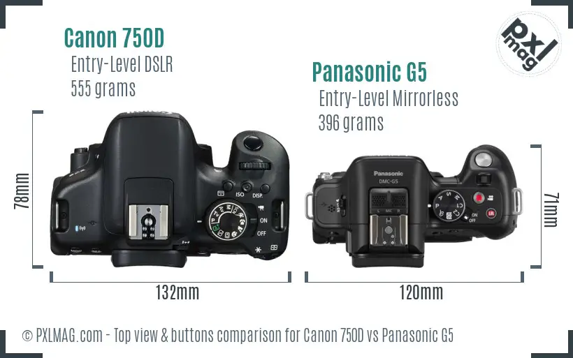 Canon 750D vs Panasonic G5 top view buttons comparison