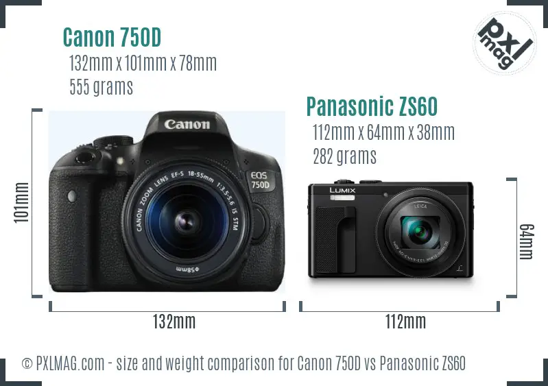 Canon 750D vs Panasonic ZS60 size comparison