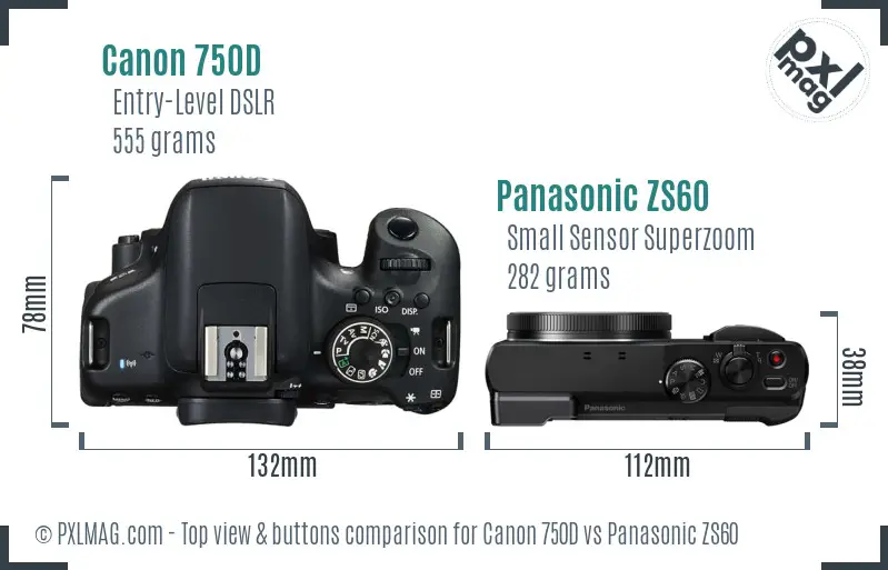 Canon 750D vs Panasonic ZS60 top view buttons comparison