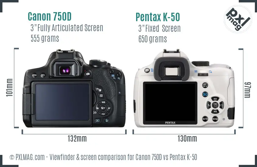 Canon 750D vs Pentax K-50 Screen and Viewfinder comparison
