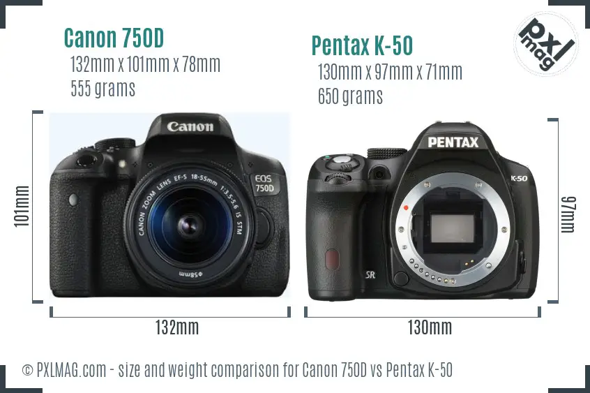 Canon 750D vs Pentax K-50 size comparison
