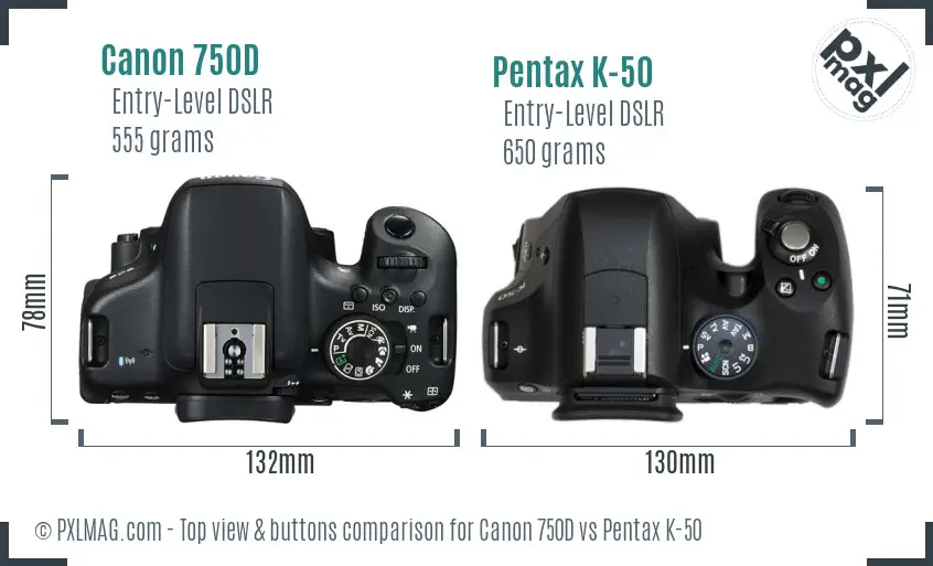 Canon 750D vs Pentax K-50 top view buttons comparison