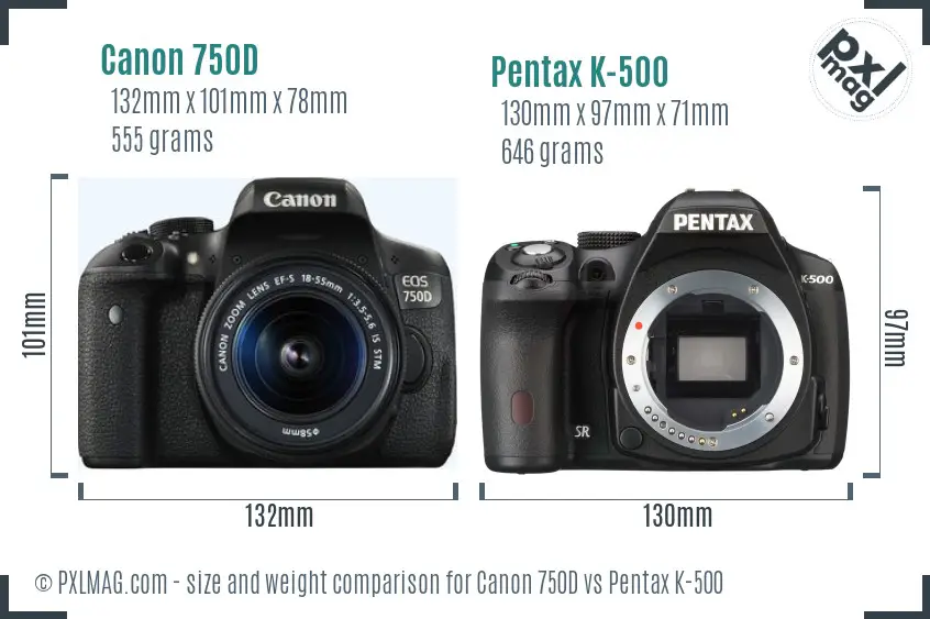 Canon 750D vs Pentax K-500 size comparison