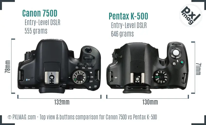 Canon 750D vs Pentax K-500 top view buttons comparison