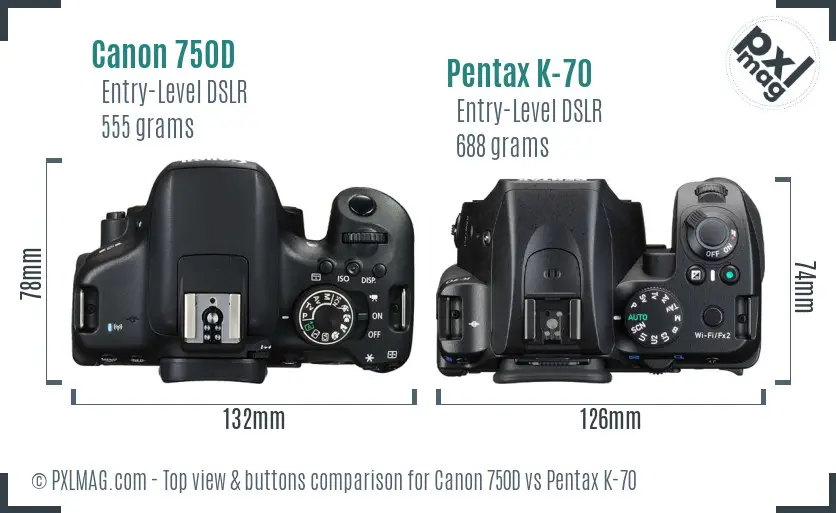 Canon 750D vs Pentax K-70 top view buttons comparison