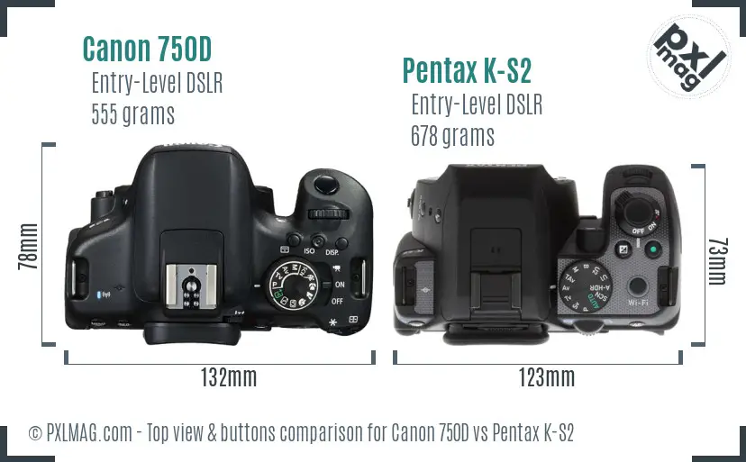 Canon 750D vs Pentax K-S2 top view buttons comparison