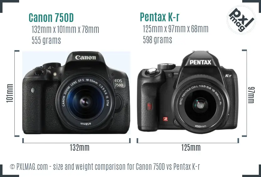 Canon 750D vs Pentax K-r size comparison