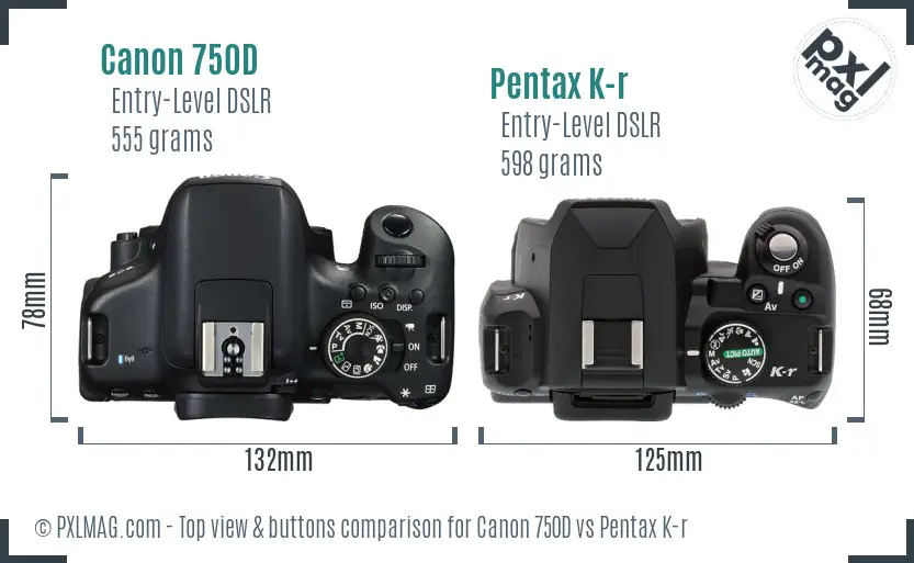 Canon 750D vs Pentax K-r top view buttons comparison