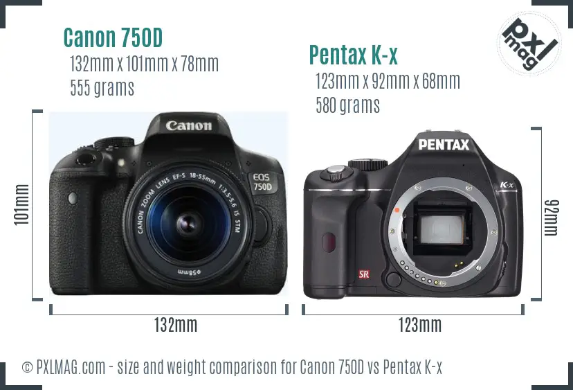 Canon 750D vs Pentax K-x size comparison