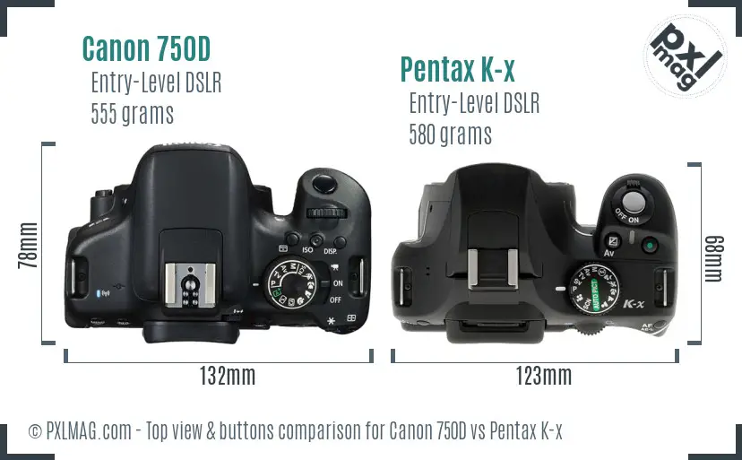 Canon 750D vs Pentax K-x top view buttons comparison