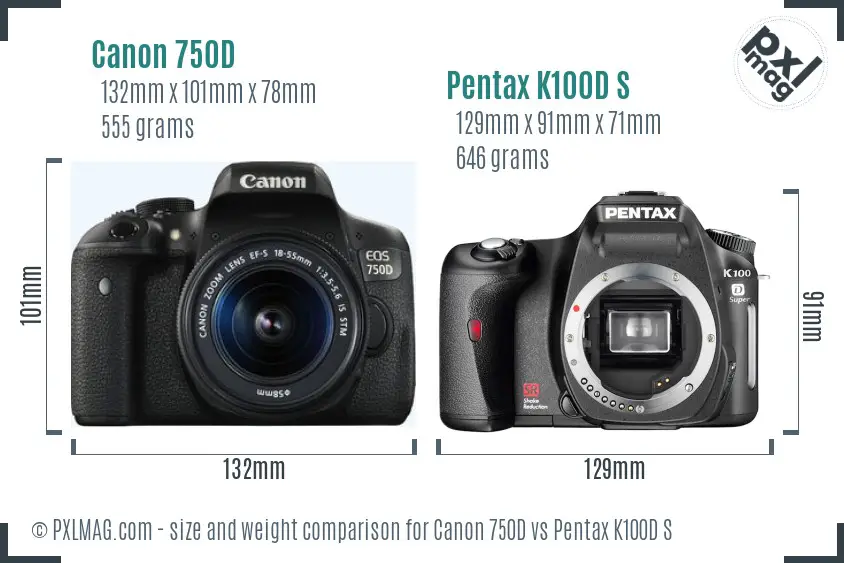 Canon 750D vs Pentax K100D S size comparison