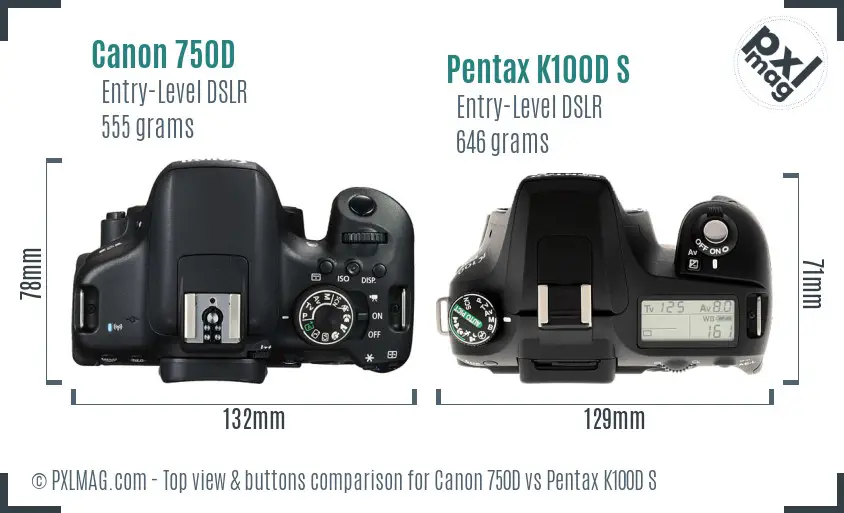Canon 750D vs Pentax K100D S top view buttons comparison