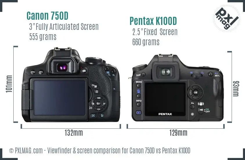 Canon 750D vs Pentax K100D Screen and Viewfinder comparison