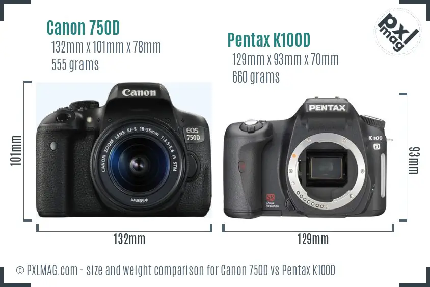 Canon 750D vs Pentax K100D size comparison